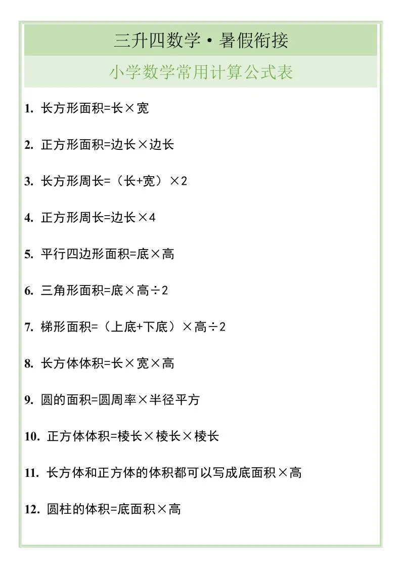 小学三年级升四年级暑假数学衔接 常用计算公式表 四年级上册数学