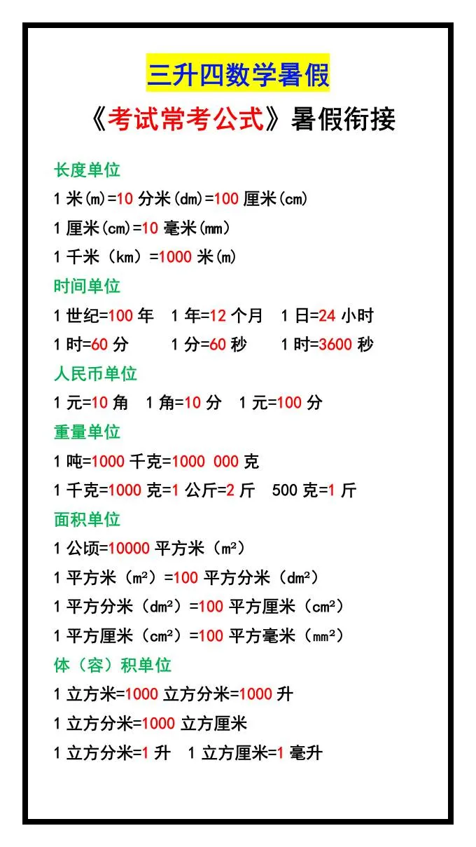 三年级升四年级数学暑假考试常考公式汇总 四年级上册数学