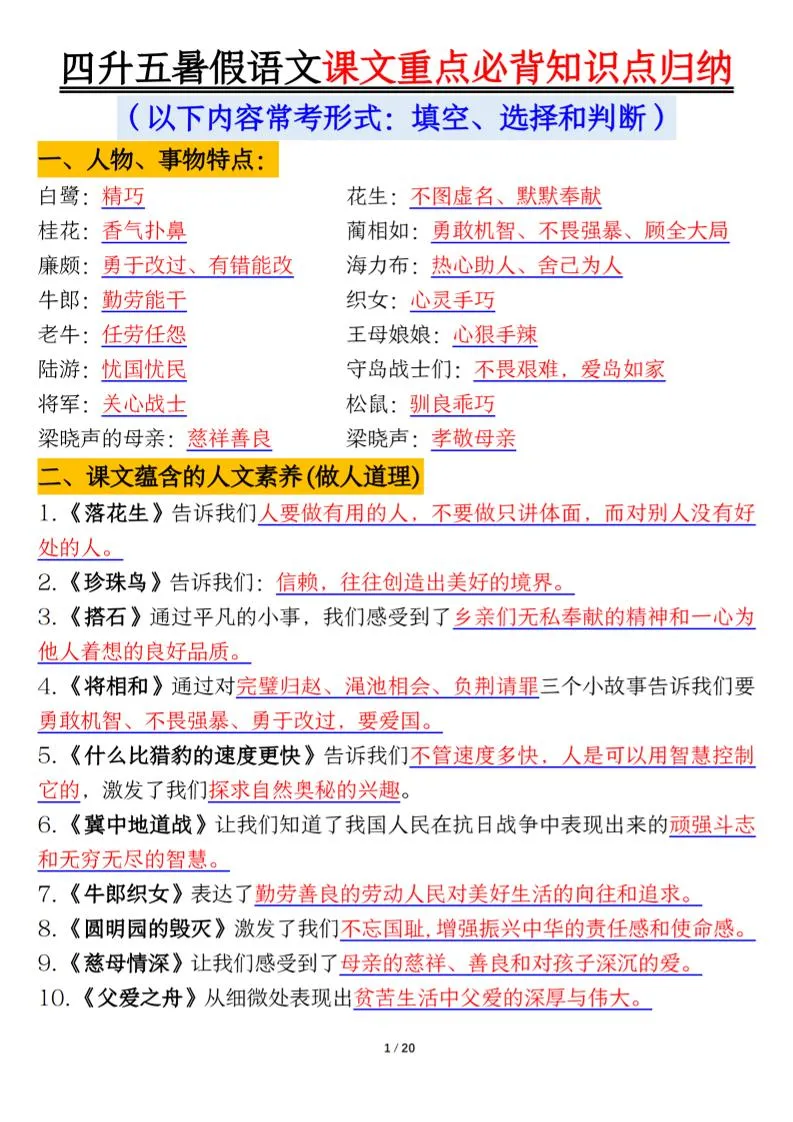 四升五年级暑假语文课文重点必背知识点归纳二十页 五年级上册语文