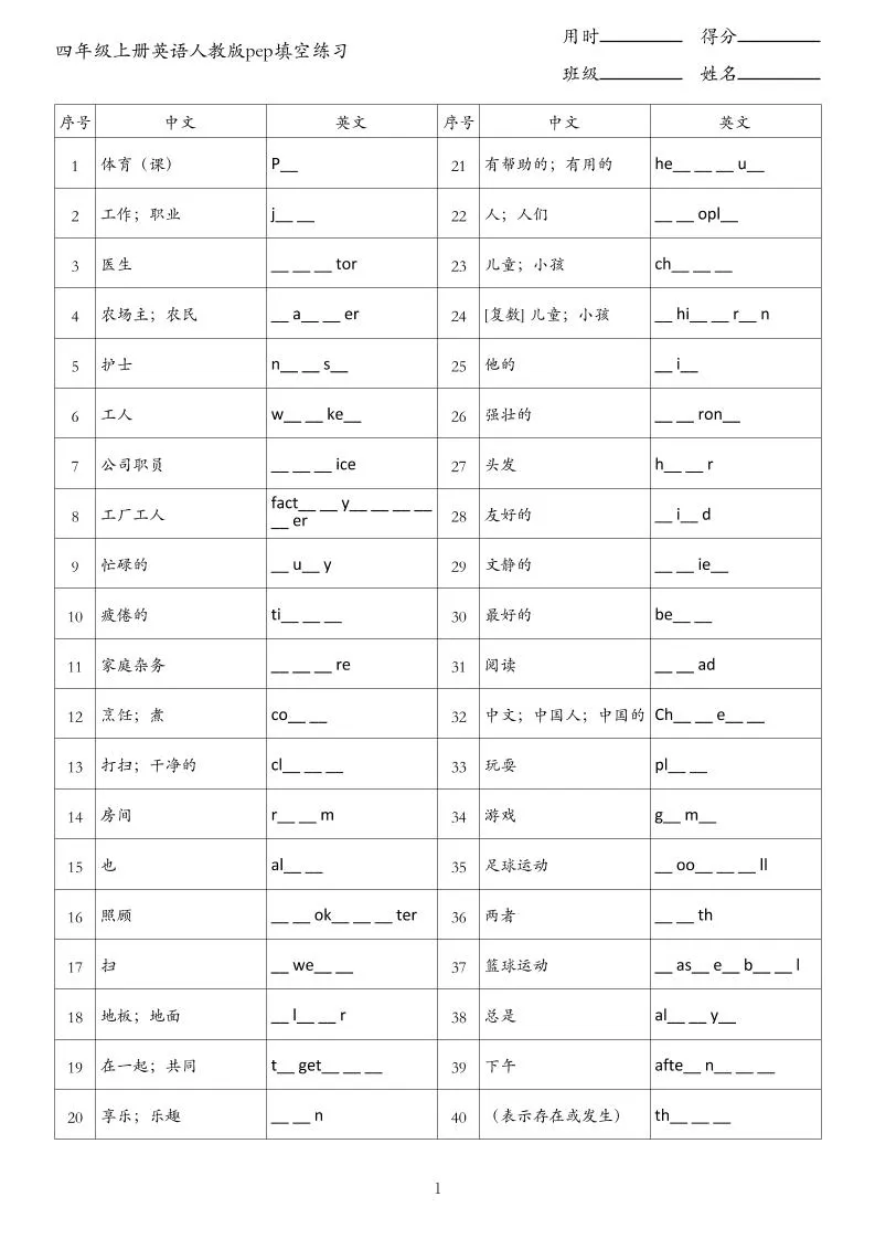 四年级英语上册人教PEP填空练习题全解