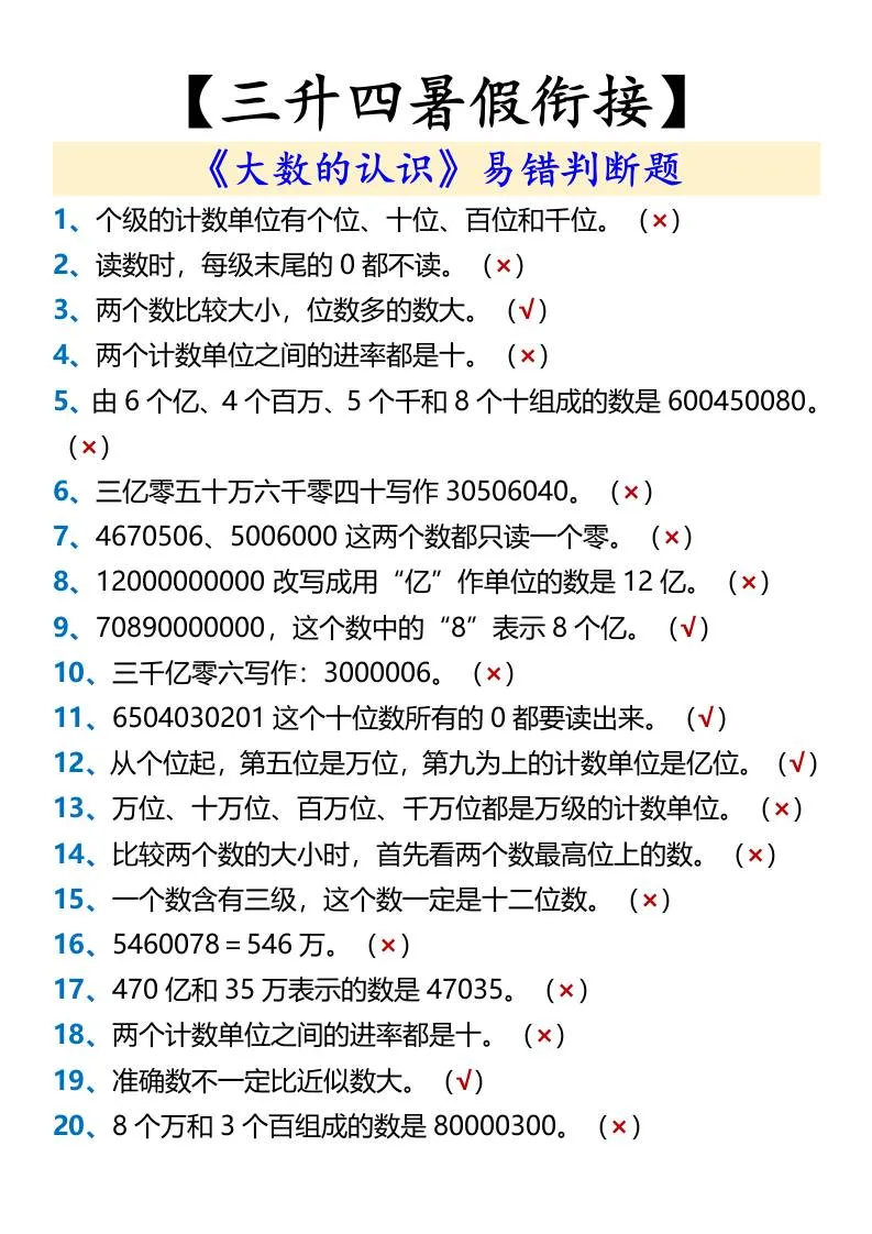 三年级升四年级暑假衔接 大数的认识 易错判断题 四年级上册数学