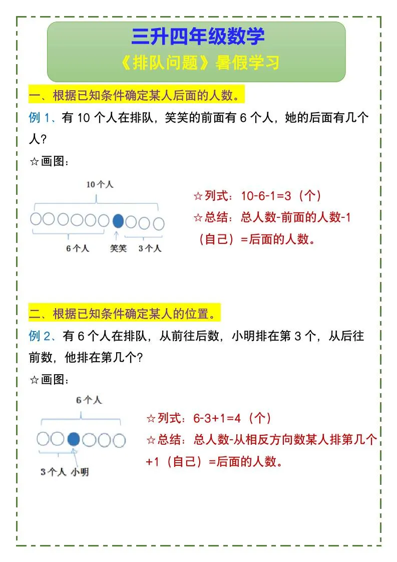 三年级升四年级数学 排队问题 暑假预习 四年级上册数学