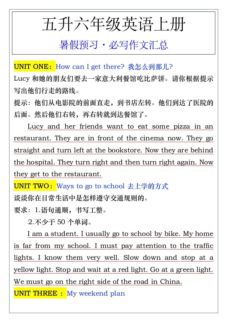 五年级升六年级英语暑假预习必写作文汇总 六年级上册英语
