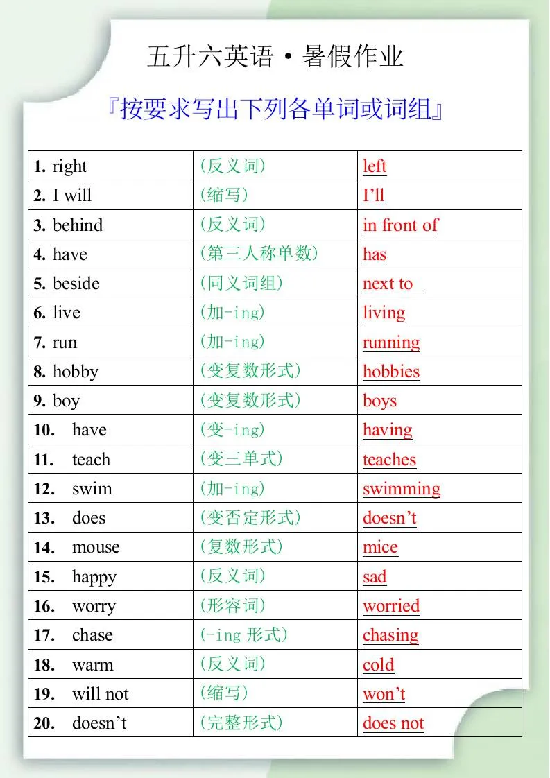 五年级升六年级英语暑假作业之按要求写出单词和词组 六年级上册英语