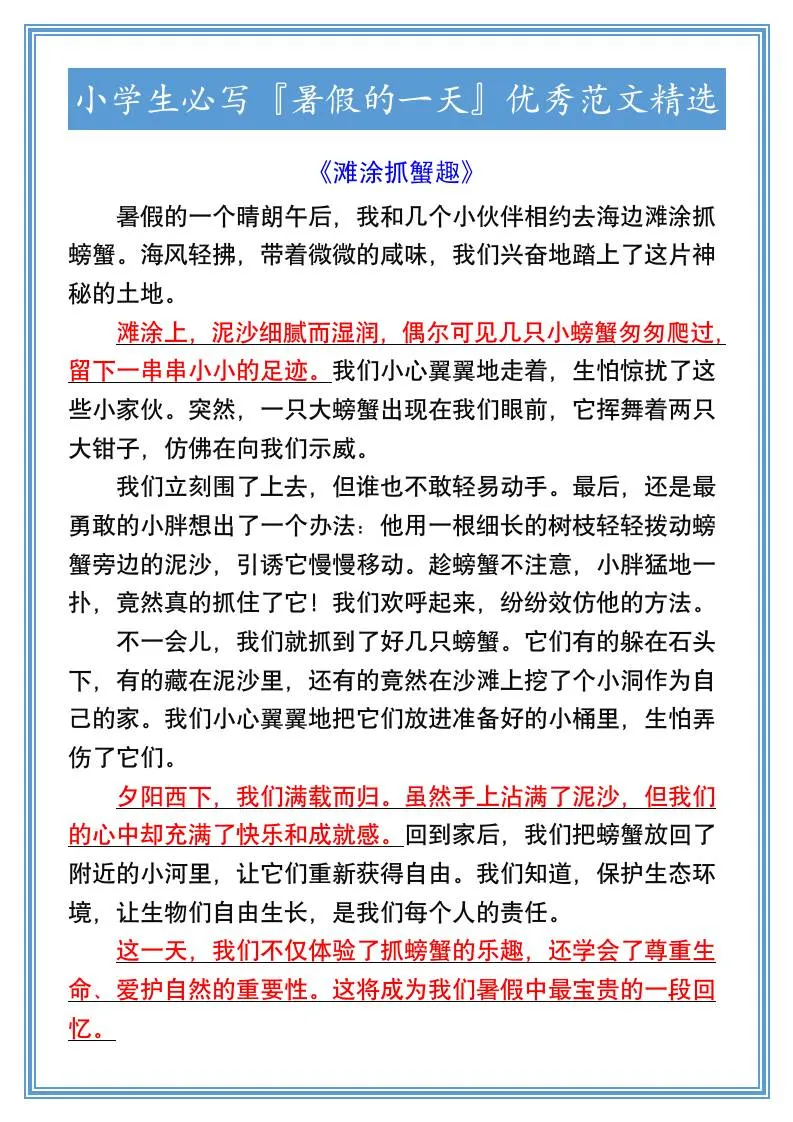 小学六年级必备暑假一天优秀范文精选 小升初语文写作资料