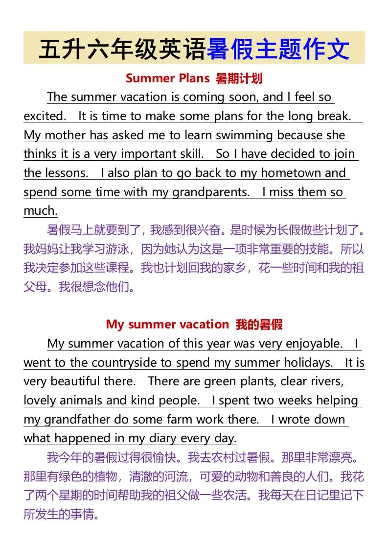 小学五年级升六年级英语暑假主题作文写作指南 六年级上册重点梳理
