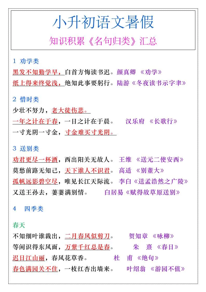 小升初语文六年级暑假必背名句分类汇总