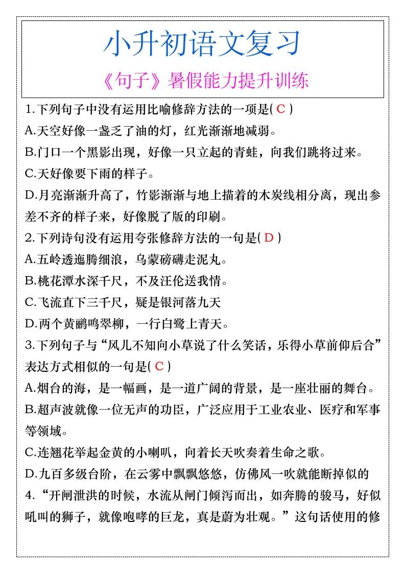 六年级升初中语文句子专项暑假能力提升训练