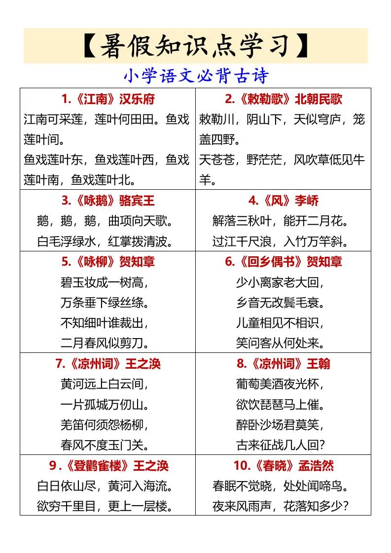 暑假知识点 小学语文必背古诗 小升初阶段全梳理