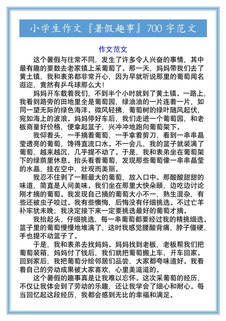 六年级小学生作文暑假趣事七百字范文 小升初语文资料