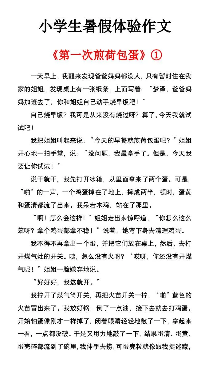小学六年级暑假体验作文 第一次煎荷包蛋 小升初语文
