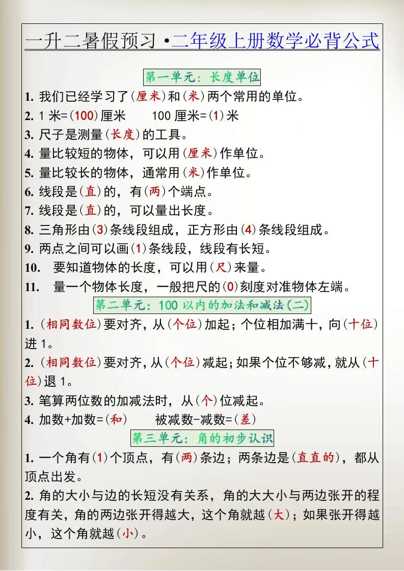 小学一年级升二年级暑假预习 二年级上册数学必背公式