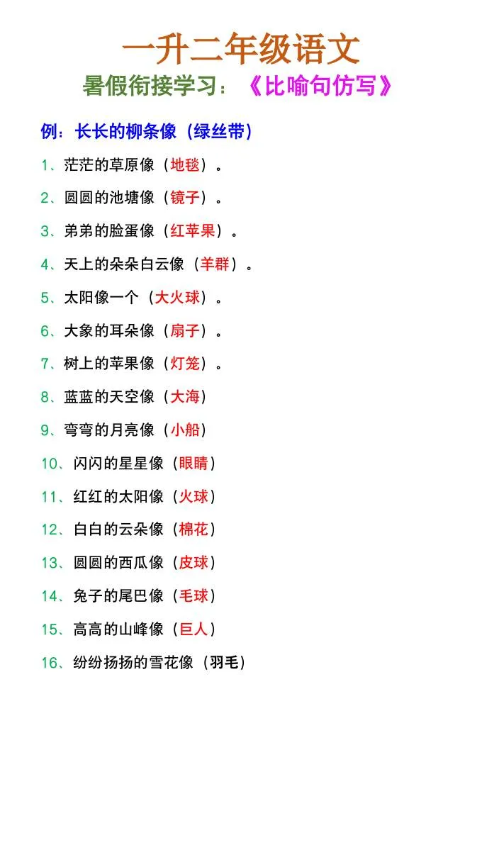 二年级语文比喻句仿写暑假衔接练习全方案