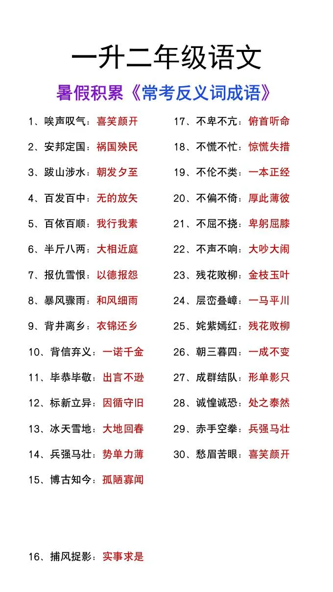 一年级升二年级语文上册暑假知识积累 反义词成语大全