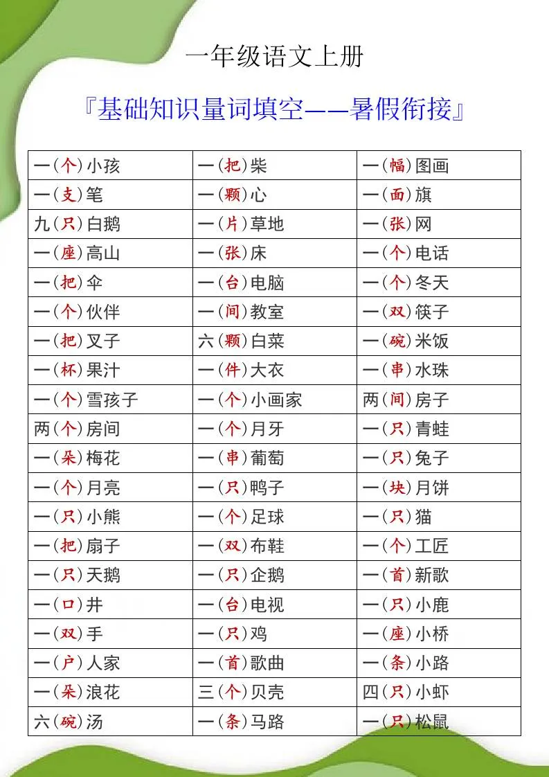 一年级语文上册基础知识量词填空暑假衔接资料包