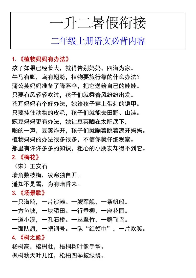 小学一年级升二年级暑假语文衔接必背知识清单