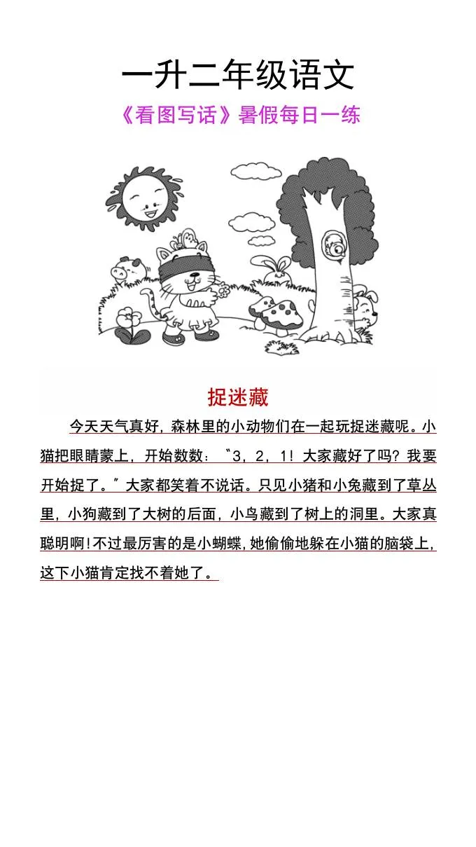 一年级升二年级语文上册看图写话暑假每日一练