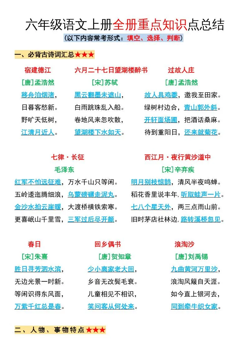 小学六年级语文上册重点知识点梳理与家长实用指引