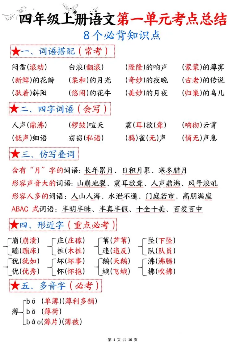 四年级语文上册一至八单元重点梳理 八大必背知识点全收录