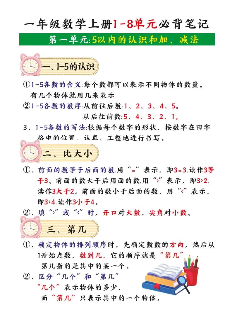 一年级数学上册八单元核心笔记必备整理