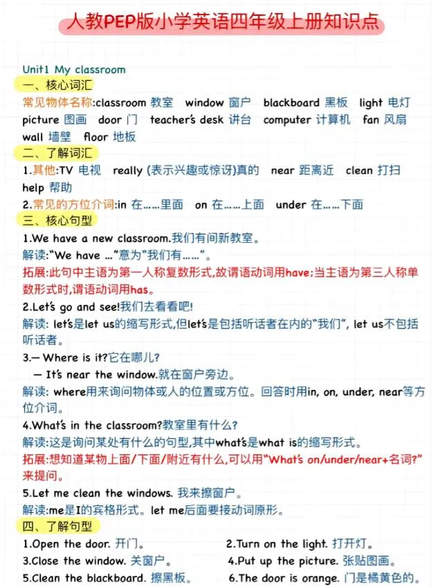 四年级上册英语 三升四暑假预习知识点 人教PEP全汇总
