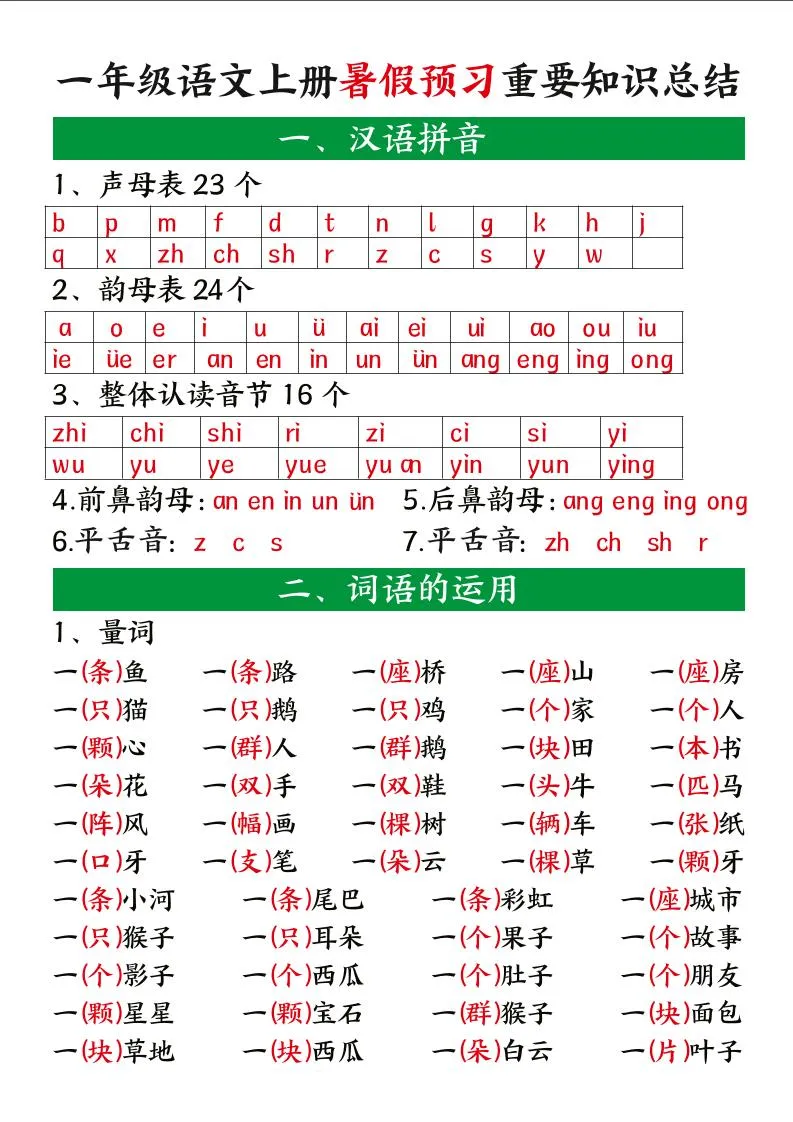 一年级语文上册暑假预习重要知识点全梳理