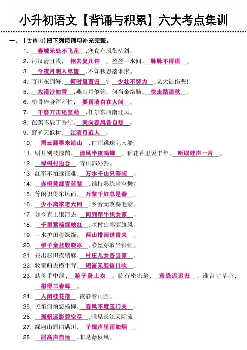 小升初语文背诵与积累六大考点集训资料精讲