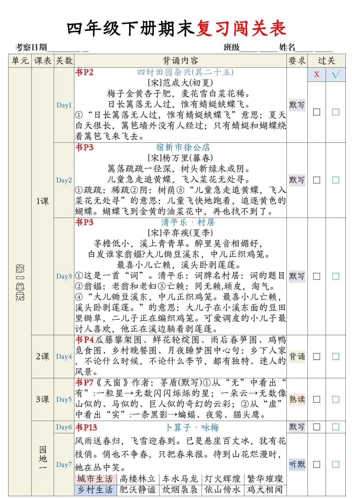 四年级下册语文期末背诵闯关表