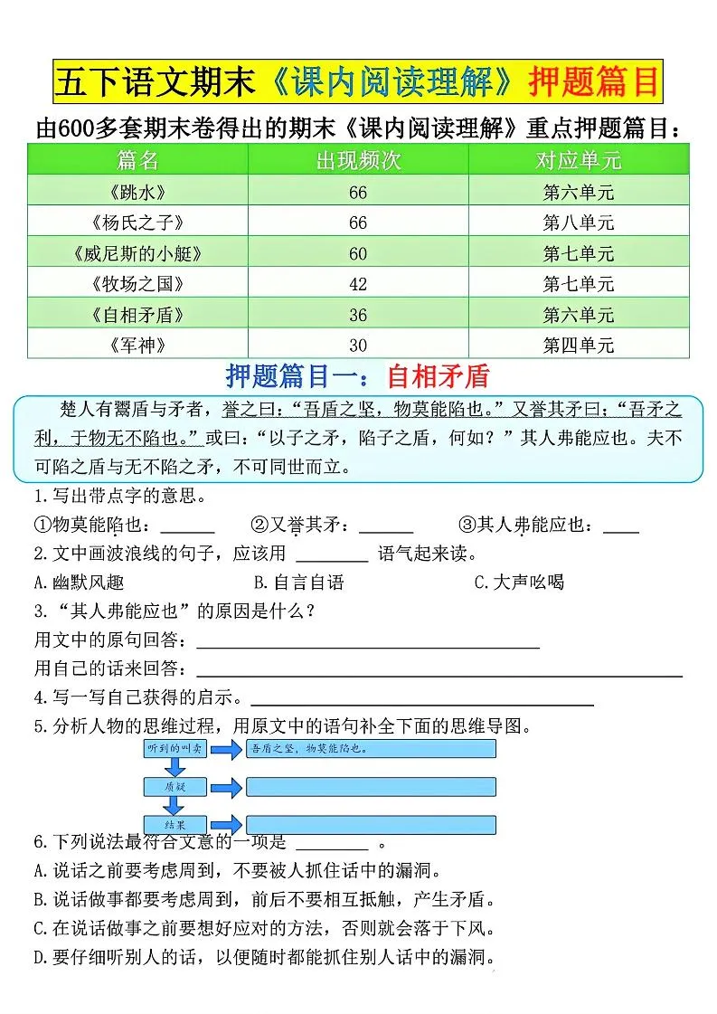 五年级下册语文期末课内阅读理解押题篇目空白与答案精选