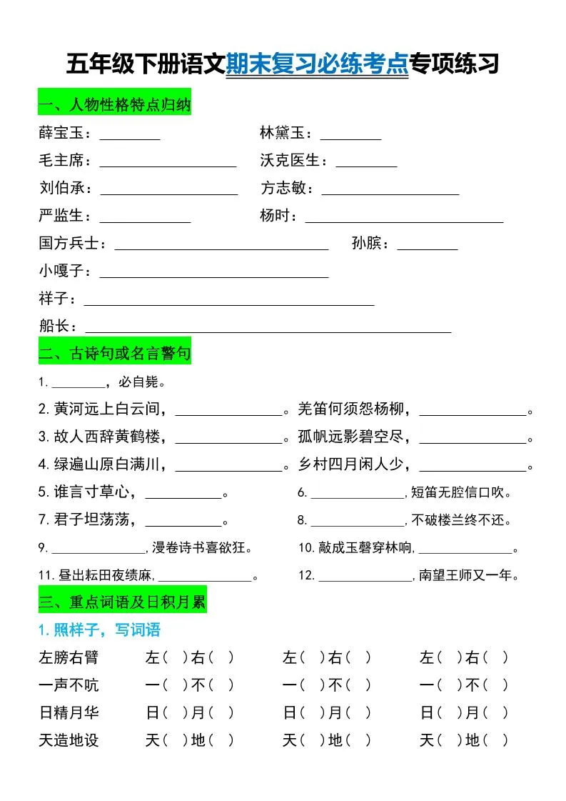 小学五年级下册语文期末复习核心考点专项练习