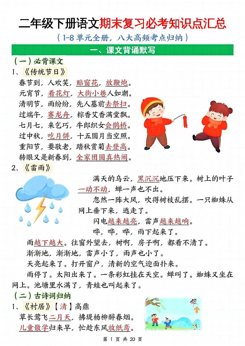 二年级下册语文期末复习必考知识点全册梳理 八大高频考点详细归纳 资料共20页