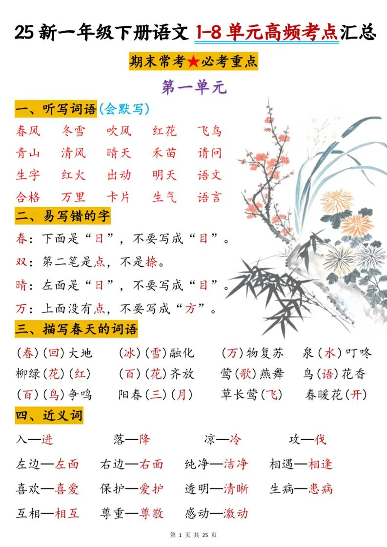 一年级下册语文1至8单元高频考点25页全汇总