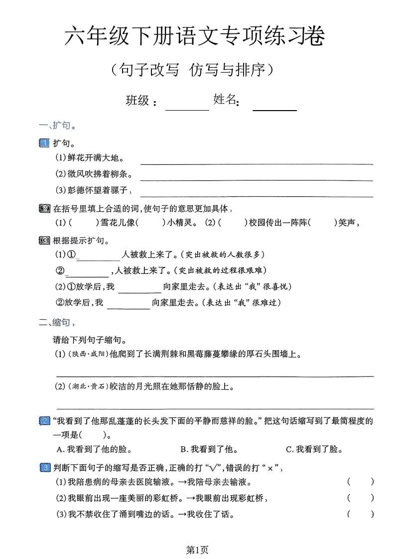 小学六年级下册语文句子改写仿写与排序专项练习卷